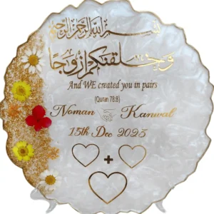 Custom Resin Nikkah Tray with Heart-Shaped Thumb Boxes & Orange Floral Accent (10 inches) – product detail